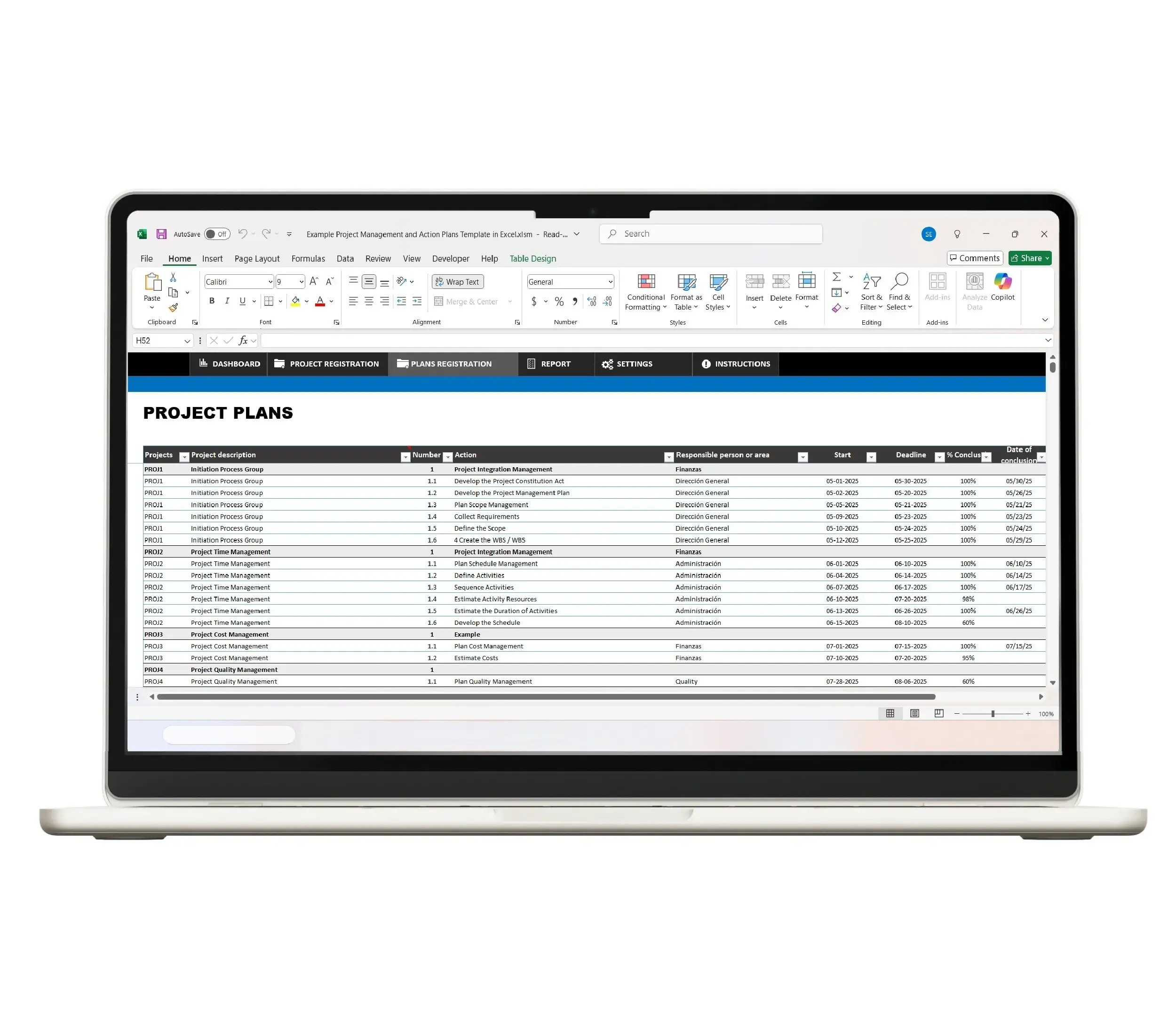 Project management Excel spreadsheet with task tracking