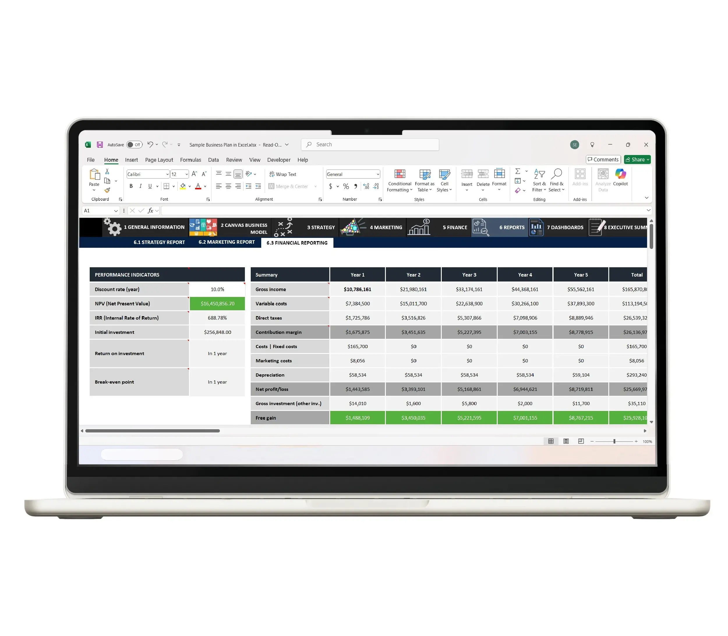 Startup business plan Excel sheet with projections