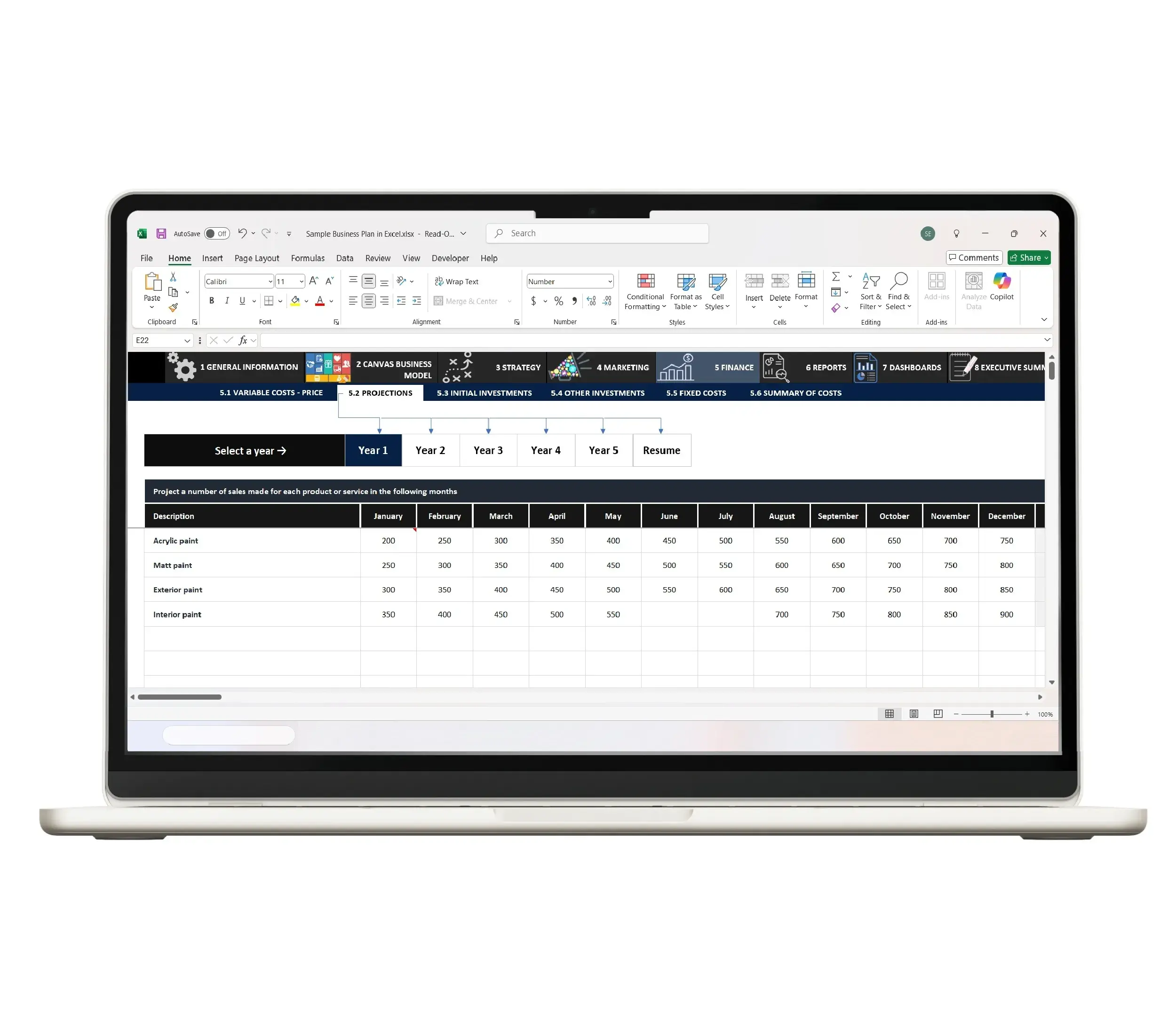Excel spreadsheet business plan revenue forecast table