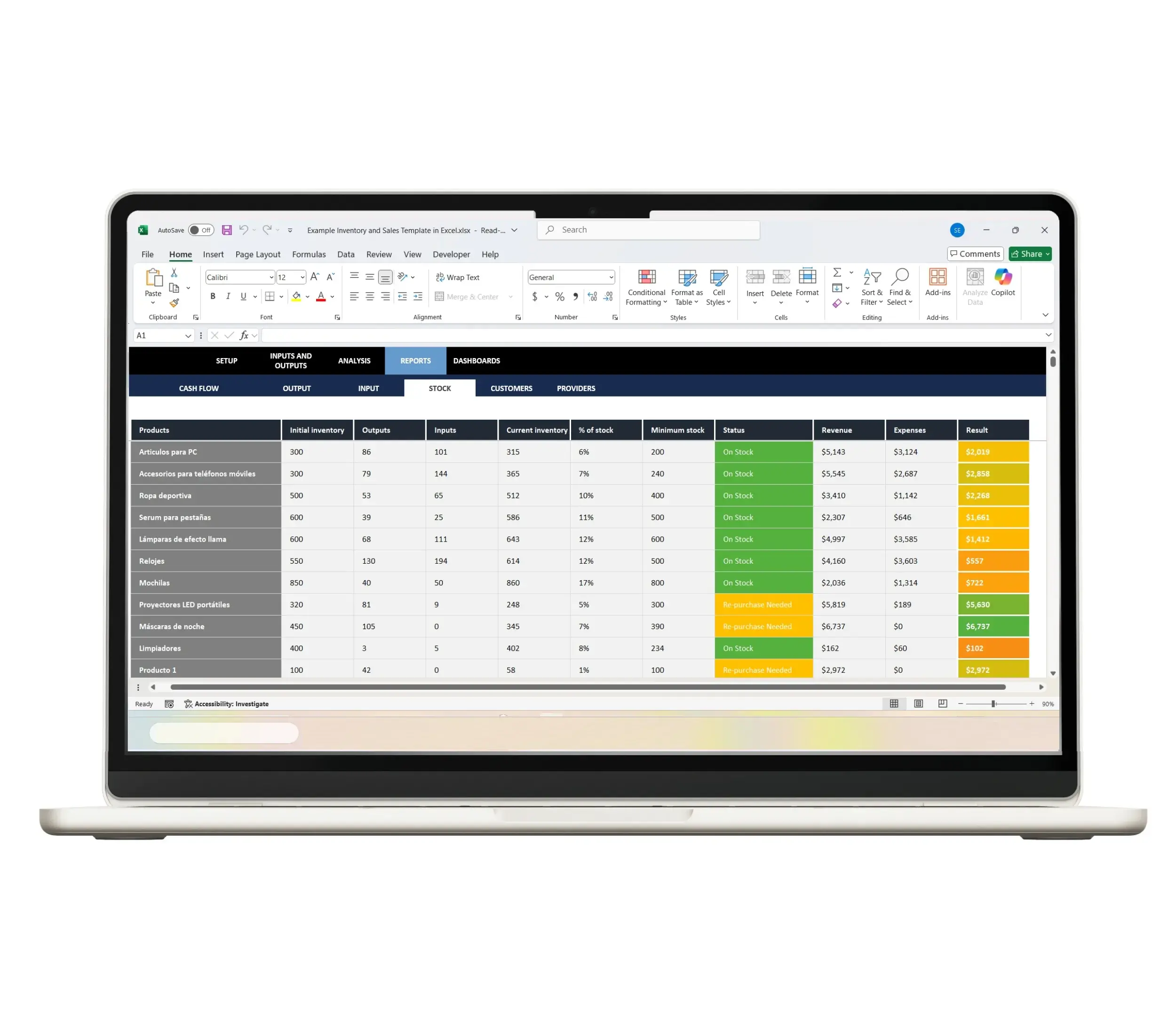 Inventory management Excel spreadsheet with product list
