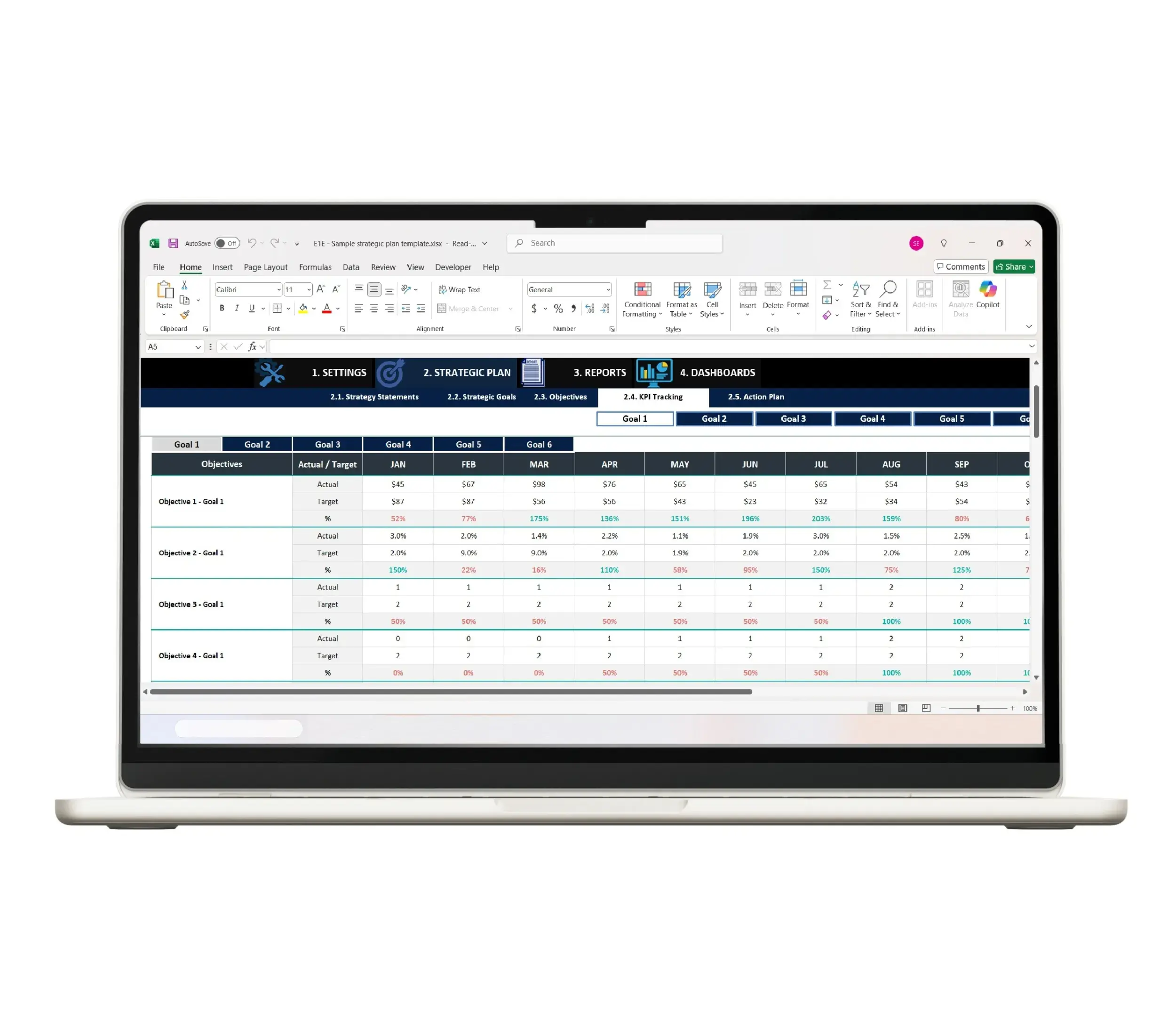 Spreadsheet strategic plan with KPI and action tracking