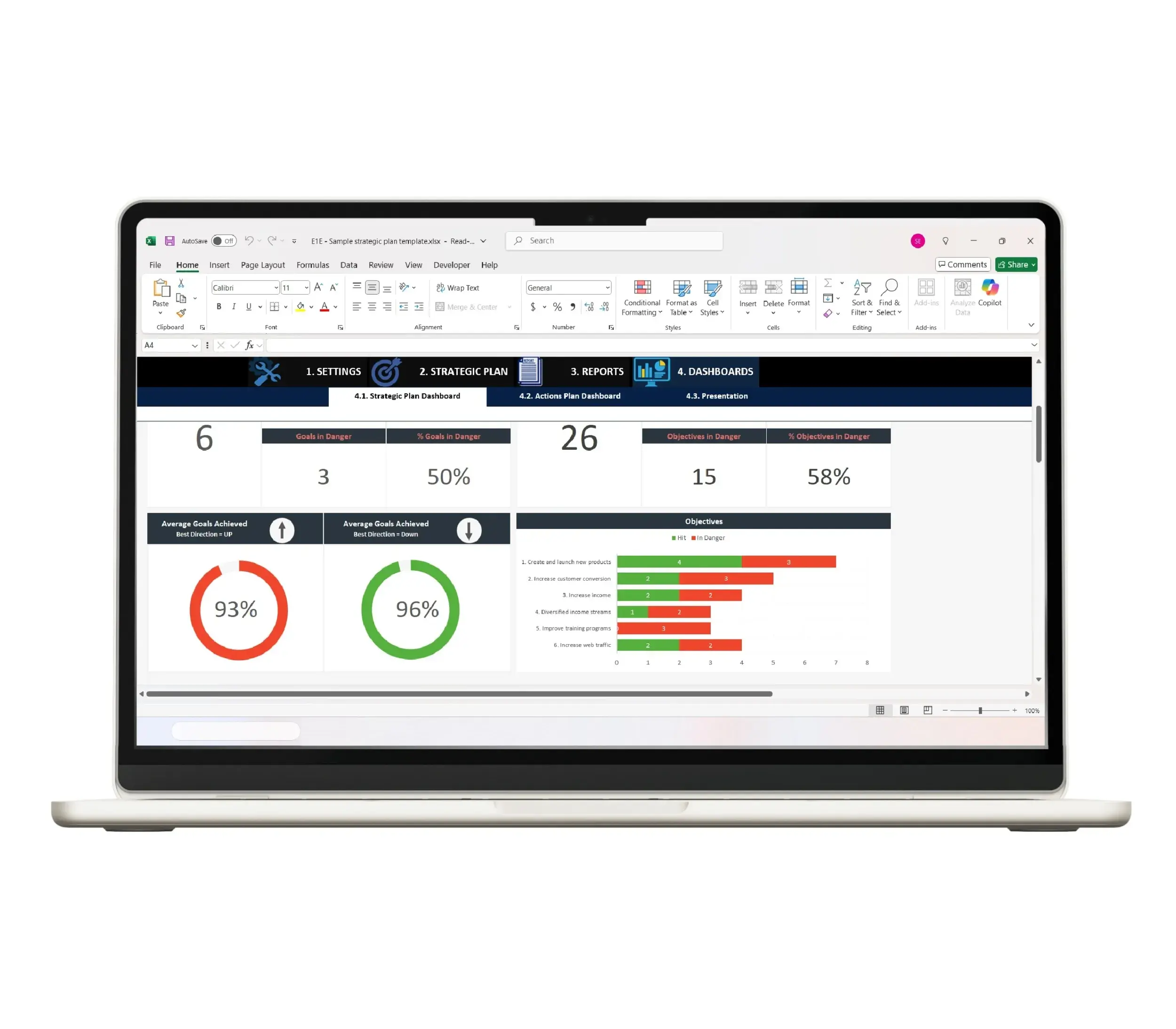 Strategic plan Excel spreadsheet with goals and objectives